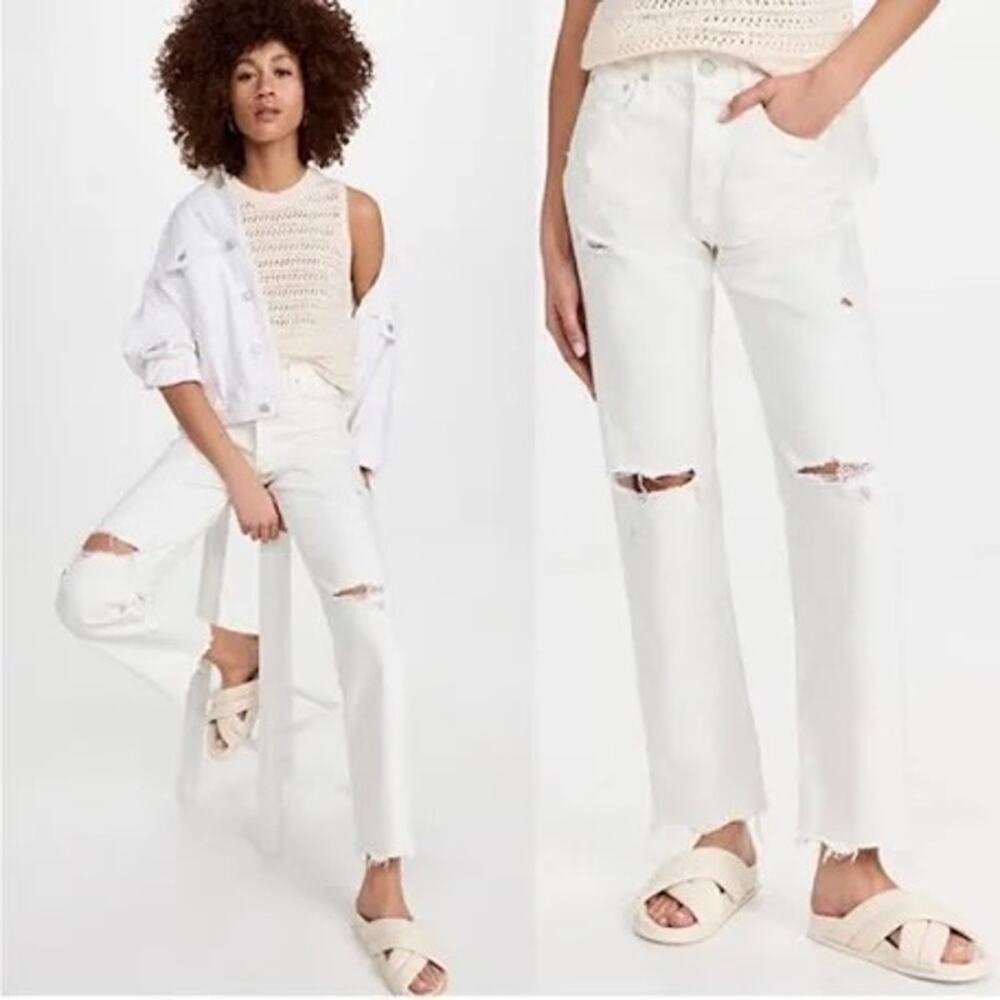 Moussy Vintage High Rise Straight Leg Distressed Jeans Cream Womens Size 24 - Picture 1 of 9
